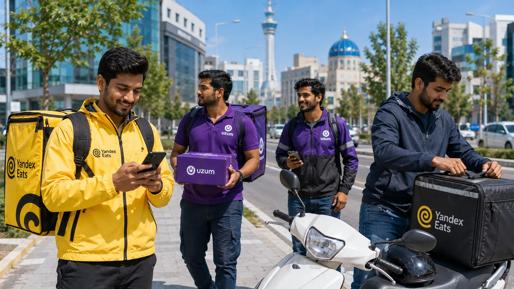 Indian delivery workers working in Tashkent